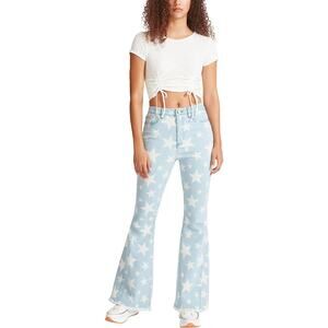 Madden Girl Carly Super High Rise Flare Jeans White Stars Light Blue Size 27 NEW